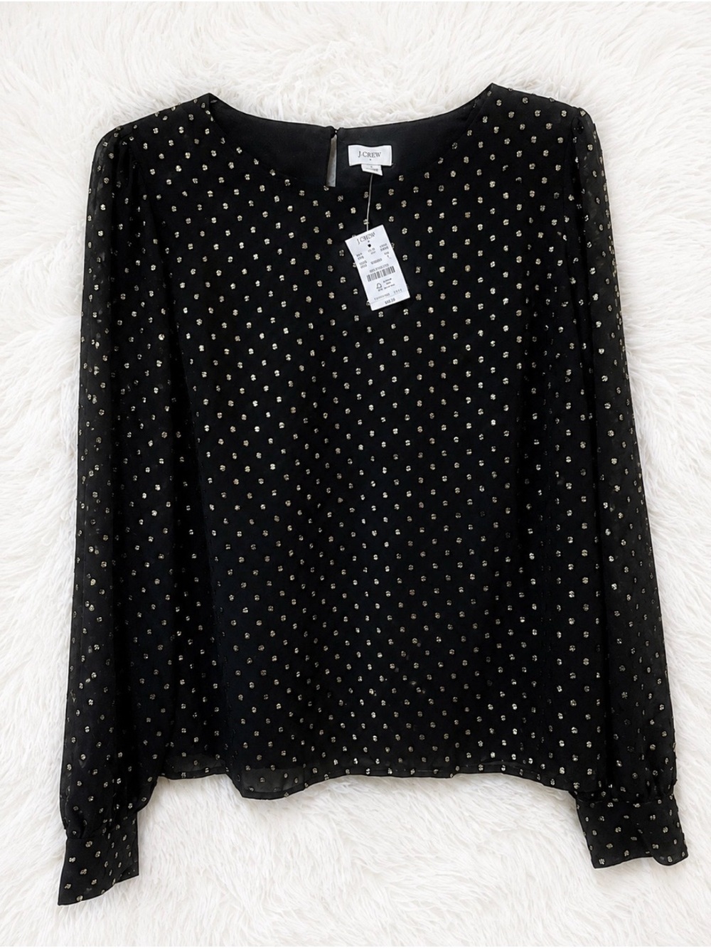 J.Crew Black Gold Metallic Dot Long Sleeve Blouse NWT Size Large